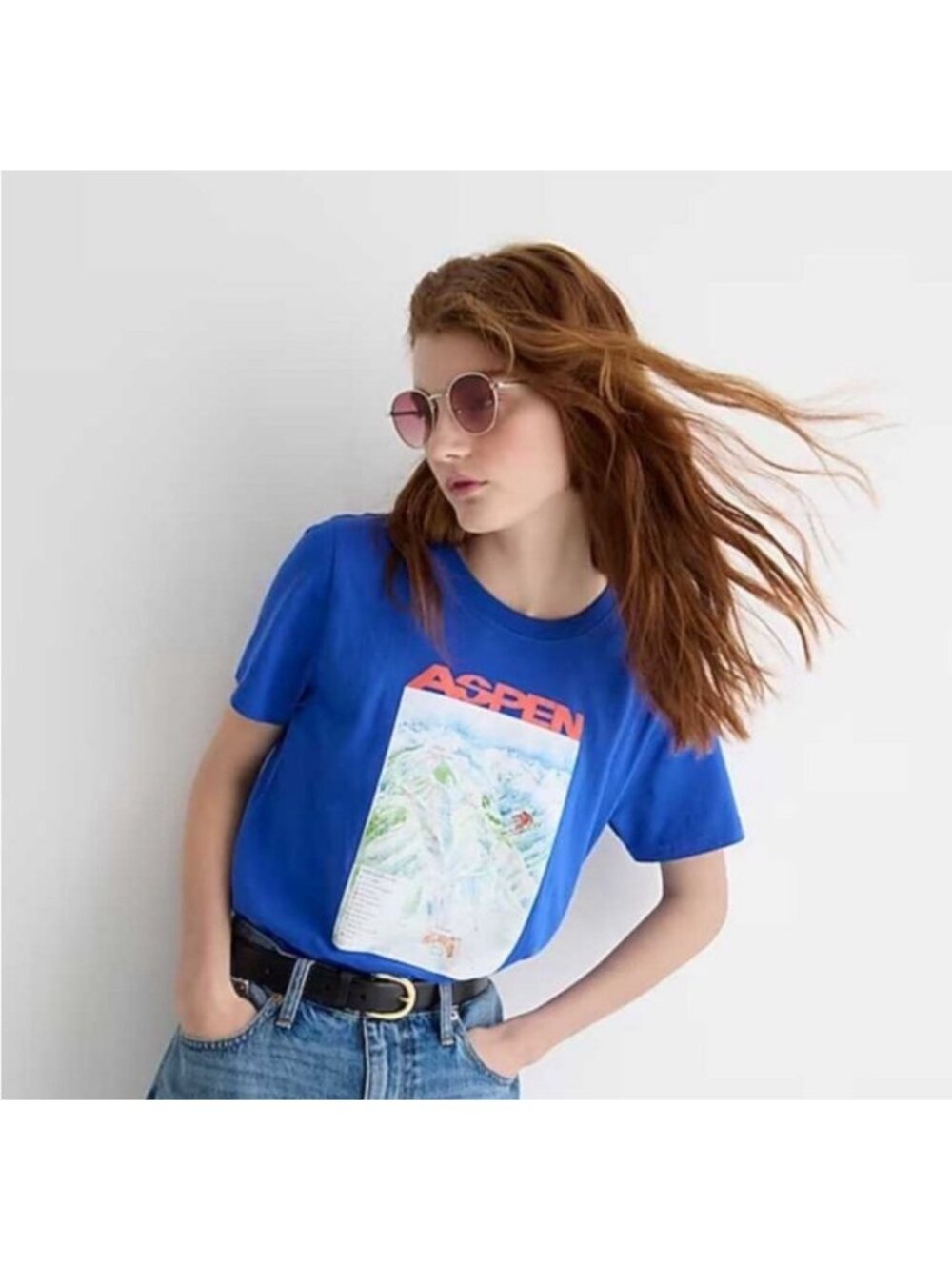 J. Crew Aspen Map Graphic T-Shirt Blue White Sz XS